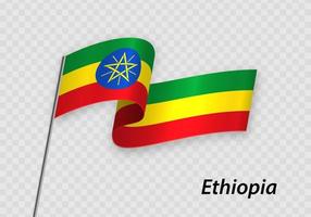 Waving flag of Ethiopia on flagpole. Template for independence day vector