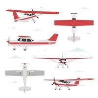 Propeller plane in different views. Small light aircraft with single engine vector