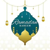 Ramadán kareem con mezquita y linterna forma en papel cortar estilo vector