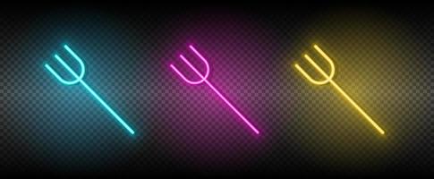 fork, garden, pitchfork vector icon yellow, pink, blue neon set. Tools vector icon on dark background