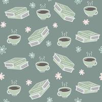 Cute cartoon seamless vector pattern background illustration with books, cup of coffee and daisy flowers