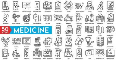 simple set medicine vector line icon online pharmacy, Telemedicine, heart rate monitor, medical app beat, consultation, medical report and plaster