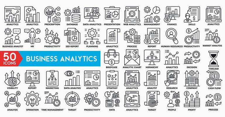 Business Analytics icons for management, data analytics, productivity, process, planning