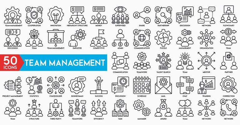 Team Management Outline Icon Collection. Thin Line Set contains such Icons as Vision, Mission, Values, Human Resource, Experience and more