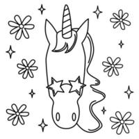 Cute black and white unicorn with sunglasses, daisy flowers and stars cartoon vector illustration for coloring book