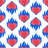 Quirky burning heart seamless pattern, textured vector illustration on white background. Funky heart with face and blue flame. Vlaentine's day design. Great for wrapping paper.