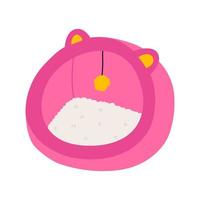 Cute bed for pet with ball toy, hand drawn cartoon flat vector illustration isolated on white background. Pink house for cats with ears. Pet shop concept.