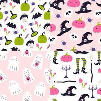 Set of cute and childish Halloween seamless patterns, cartoon flat vector illustration. Cheerful ghost, cute vampire and pumpkin, witch accessories. Autumn holiday pattern collection.