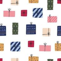 Various gift boxes seamless pattern, hand drawn flat vector illustration on white background. Christmas wrapping paper design. Cute present boxes, holidays celebration.