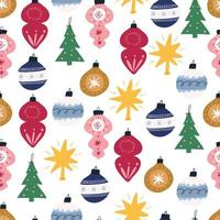 Christmas tree decoration, various cute baubles - seamless pattern, flat vector illustration on white background. Hand drawn retro balls to hang on Christmas tree.