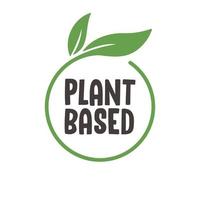 Plant based label. Text inside a circle with leaves around. Vegan friendly badge. vector