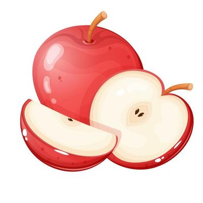 Cartoon style whole red apple with small and big apple slices.