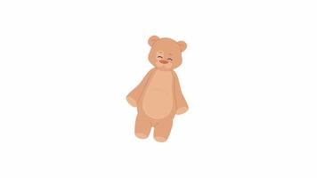 Animated stuffed cute bear animal. Plush soft toy for children. Flat cartoon style icon 4K video footage. Color isolated object animation on white background with alpha channel transparency