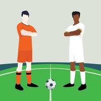 Match preview displaying two male footballers within a football field vector illustration. Netherlands vs Ghana.