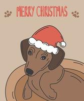 Cute cartoon holidays vector card illustration with character baby dog with santa hat