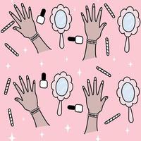 cute lovely seamless vector pattern background illustration with mirror, manicure tools and famale hands