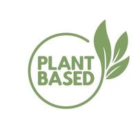 Plant based label. Text inside a circle with leaves around. Vegan friendly badge. vector