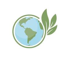 Save earth. Global ecology icon. Planet with green plant leaves growing illustration. vector