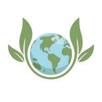 Save earth. Global ecology icon. Planet with green plant leaves growing illustration. vector