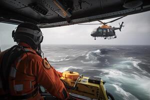 Search and rescue operation in sea. Emergency rescue helicopter flies over sea surface, looking for victims after crash. Created with photo