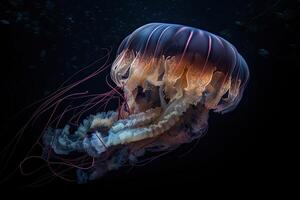 Medusa flotante debajo agua en el mar, cerca arriba. fauna silvestre en océano. creado con generativo ai foto