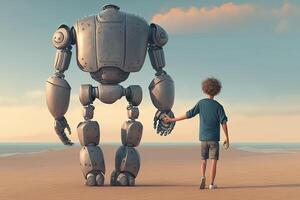 Giant robot and child walking together at sunset. Best friends. Friendship between artificial intelligence and people. Created with photo