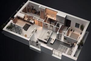 Apartment visualization, design project. Architectural plan for renovation. Living room interior, top view. Created with photo