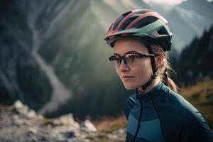 profesional ciclista en protector casco trenes en montaña la carretera. hembra atleta trenes en un bicicleta. creado con generativo ai foto