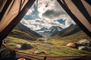 Amazing view from inside tent to mountain landscape. Camping during hike in mountains, outdoor activities. Created with photo