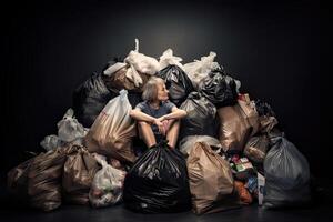 Woman sits on top of pile of garbage bags. Concept of overconsumption and pollution of environment by human waste. Created with photo