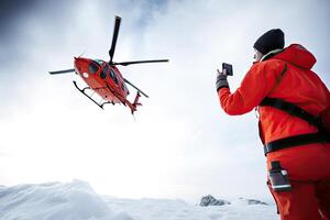 Search and rescue operation in mountains. Medical rescue helicopter landing in snowy mountains. Created with photo