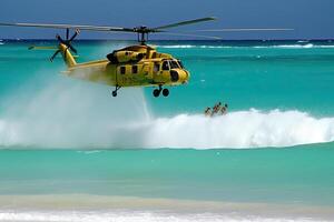 buscar y rescate operación en mar. emergencia rescate helicóptero moscas terminado mar superficie, mirando para víctimas después chocar. creado con generativo ai foto