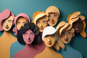 Multiracial women standing together and smiling at camera, paper art. Portrait of interracial female models. Diversity concept. Created with photo