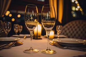Restaurant interior with two glasses of champagne on the table. Romantic dating in luxury restaurant. Decorations for event. Created with photo