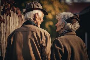 Back view of an elderly couple outdoors. Elderly man and woman are walking together, having romantic relationship. Happy old age. Created with photo