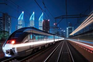 moderno alto velocidad tren a noche. rápido tren en ciudad con movimiento difuminar efecto, público transporte. ferrocarril transporte. creado con generativo ai foto