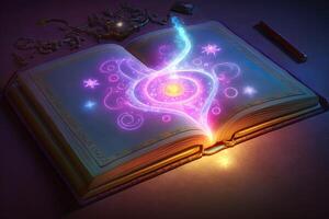 Open magical book with glowing lights over pages on abstract background. Fantasy reading. Created with Generative AI photo
