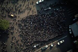 Protesting crowd at city street. Protesting people marching at city, aerial view. Protest activists. Crowd with raising fists and banners. Created with photo