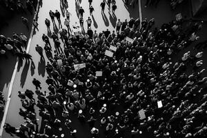 Protesting crowd at city street. Protesting people marching at city, aerial view. Protest activists. Crowd with raising fists and banners. Created with Generative AI photo