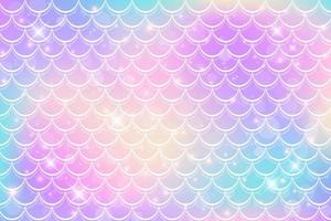 Mermaid holographic background with scale and stars. Iridescent glitter fish tail pattern. Kawaii vector texture.