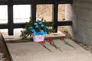 A basket of artificial blue flowers stands at the burial site. photo
