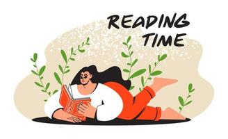 A beautiful woman is reading a book. The girl lies and looks at the textbook. Reading time. Public Library vector