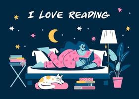 The girl lies and reads before going to bed. A woman with a book in the bedroom. Night room, interior and cat vector