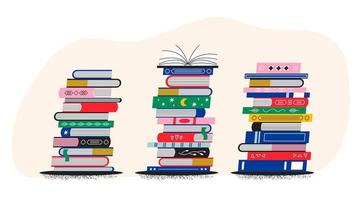 A stack of bright books and textbooks. A lot of literature. Illustration for library, bookstore, reading vector