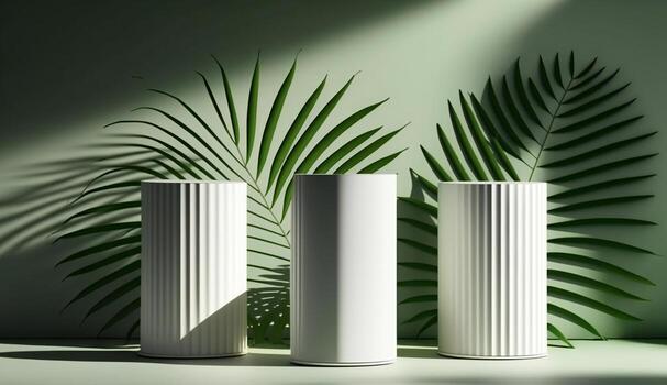 Podium template with foliage drop shadow for product. Beauty mockup with empty tray presentation. . photo