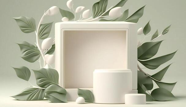 Podium template with foliage drop shadow for product. Beauty mockup with empty tray presentation. . photo