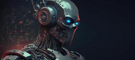 High resolution image of cyborg head with metallic textures and smooth lines. photo