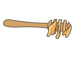 Wooden spindle spoon with drops of sticky honey. Vector isolated doodle cartoon sticker.