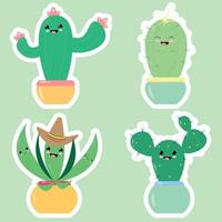 Set of cute stickers in kawaii style funny cactuses on a green background vector