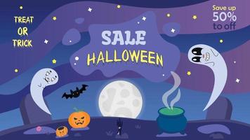 Flat background template for halloween landing page. Discounts vector